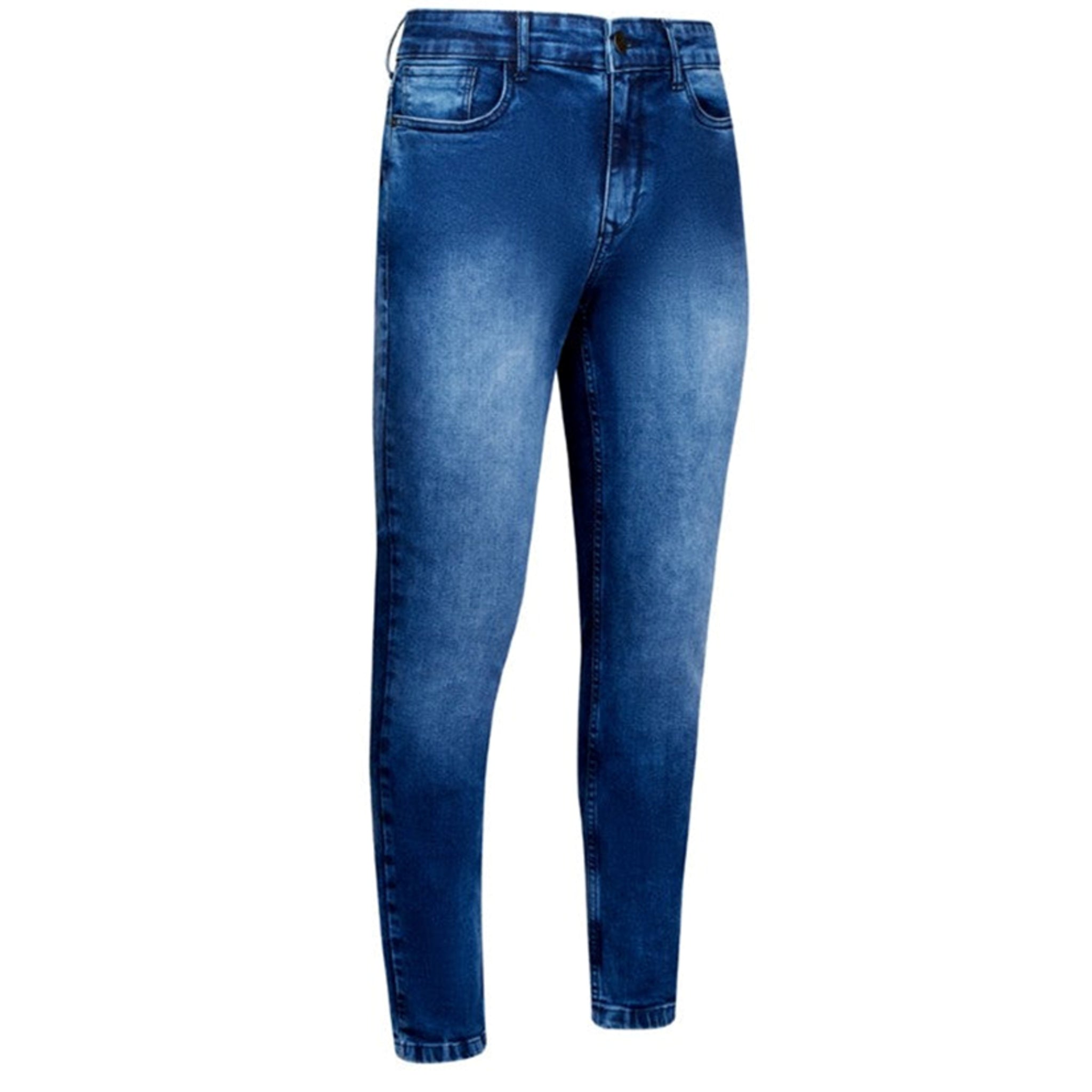 Men's JDN branded slim fit jeans in mid wash blue denim with tapered leg and five-pocket design